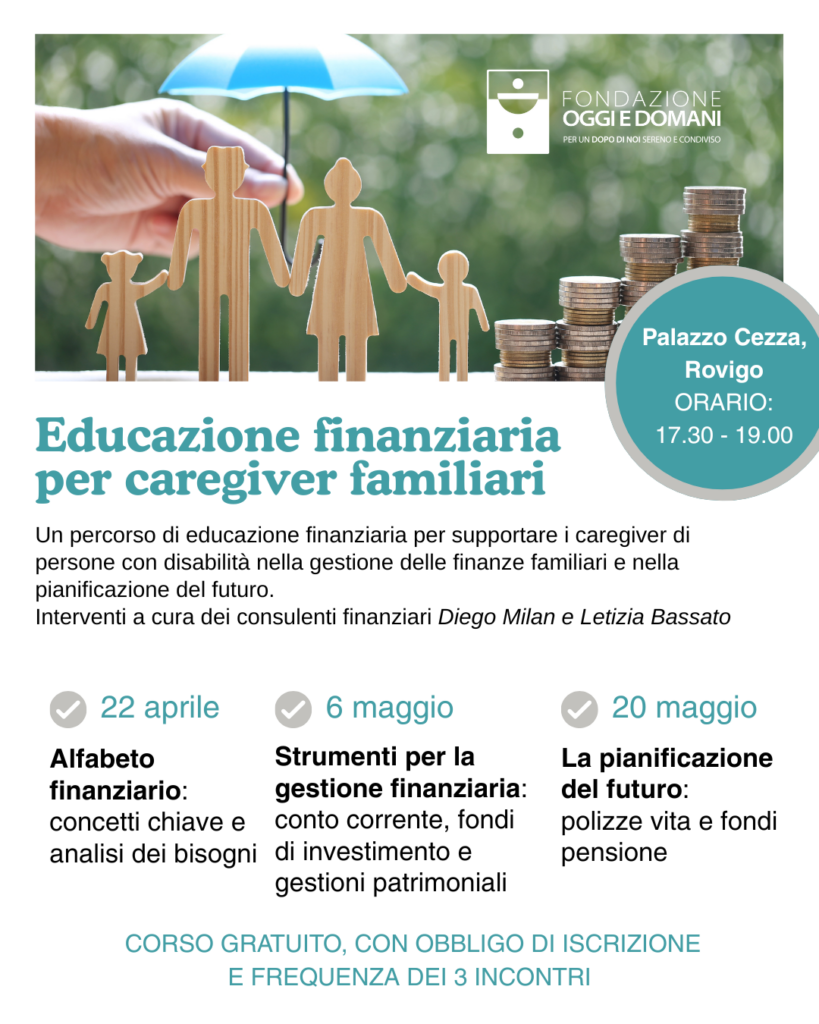 Locandina del corso di educazione finanziaria per caregiver. Presenta un'immagine evocativa e le tre date: 22 aprile, 6 maggio, 20 maggio.